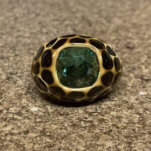 KJL Kenneth Jay Lane Ring Size 8 Leopard Enamel Dome Shape Green Stone